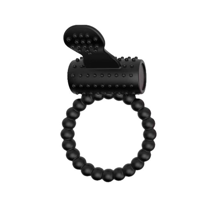 Beaded Vibrating C Ring with Clitoral Stimulator Black BuzzPinky