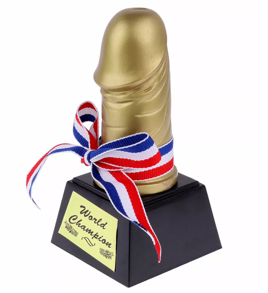 Hen Party Champion Trophy - Funny Golden Bronze & Black Willy Award with Satin Ribbon NA