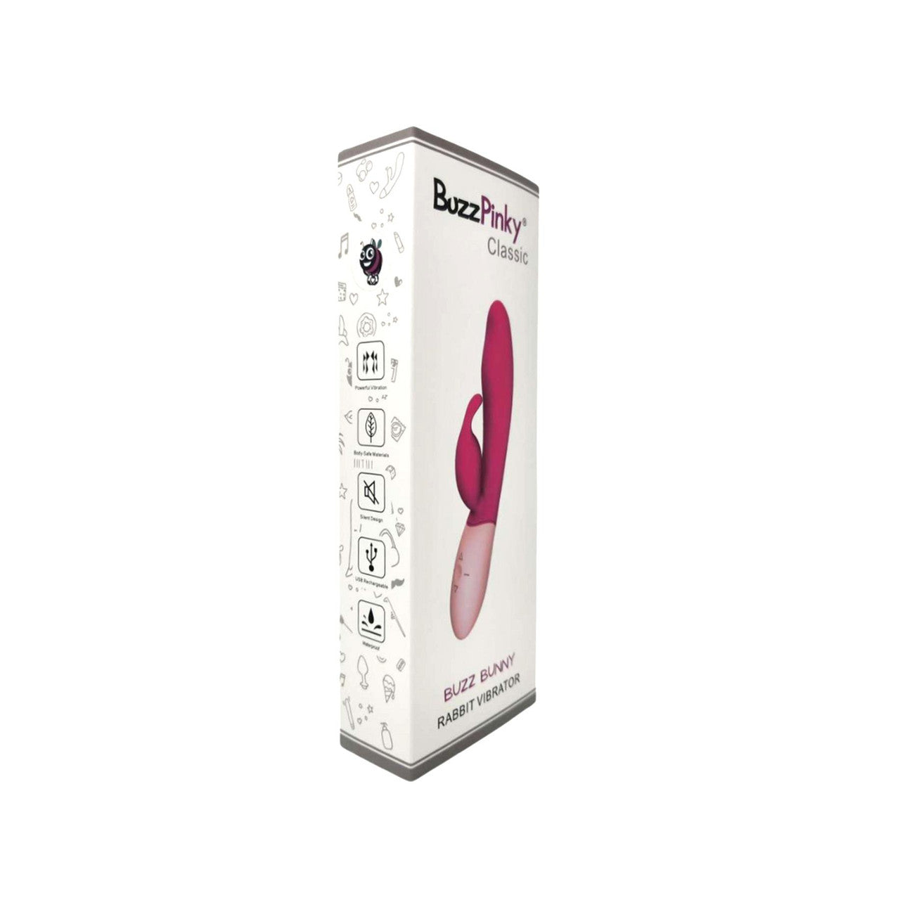 Rabbit Vibrator – BuzzPinky Classic Buzz Bunny, Cerise Dual Stimulator Box Side