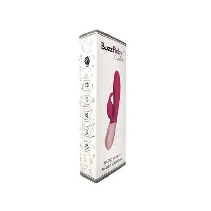 Rabbit Vibrator – BuzzPinky Classic Buzz Bunny, Cerise Dual Stimulator Box Side