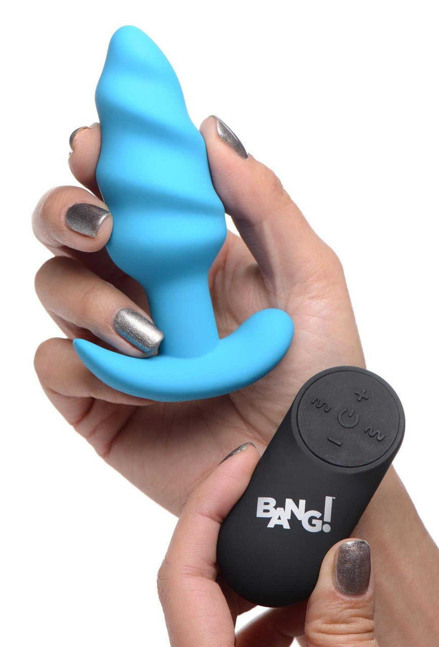 21X Vibrating Silicone Swirl Butt Plug w/ Remote Control - Blue