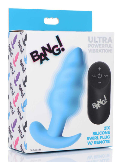 21X Vibrating Silicone Swirl Butt Plug w/ Remote Control - Blue