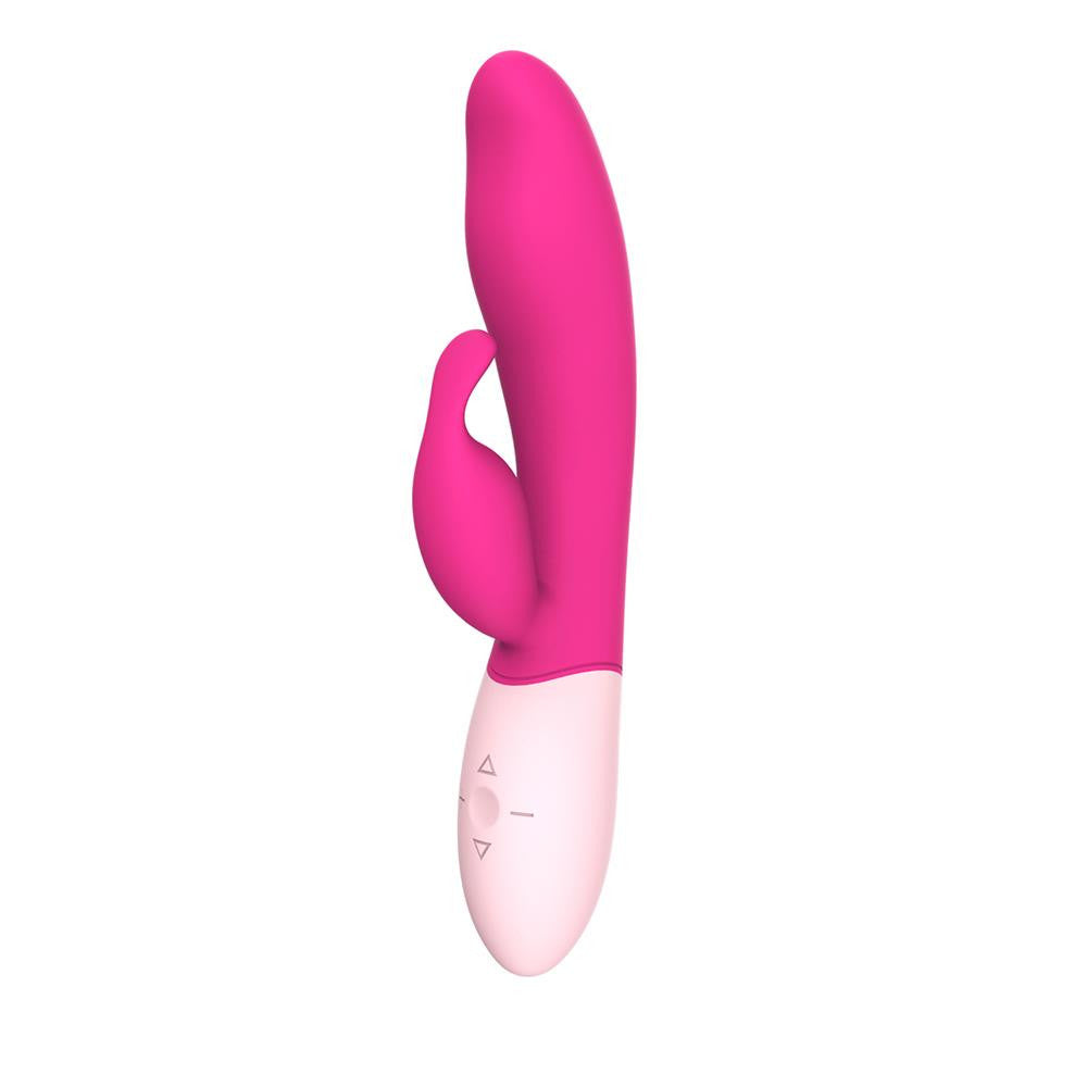 Rabbit Vibrator – BuzzPinky Classic Buzz Bunny, Cerise Dual Stimulator Side