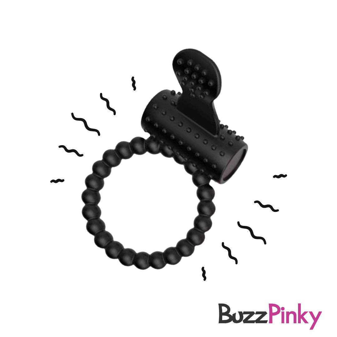 Beaded Vibrating C Ring with Clitoral Stimulator Black BuzzPinky