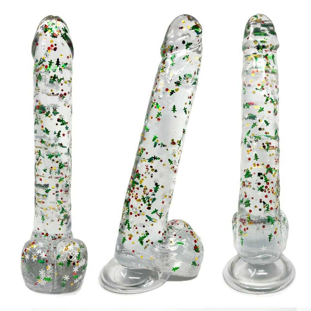 Clear Realistic Dildo Christmas Glitter 10 Inch BuzzPinky