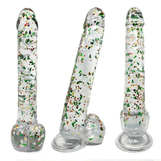 Clear Realistic Dildo Christmas Glitter 10 Inch BuzzPinky
