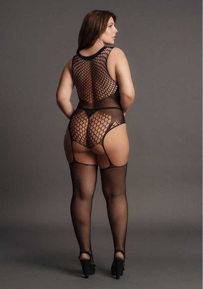 Contrast Fence Net Suspender Bodystocking Plus Size le desir