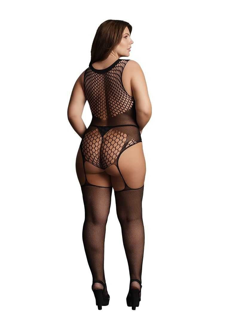 Contrast Fence Net Suspender Bodystocking Plus Size le desir