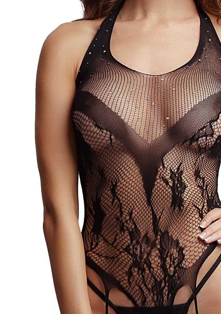 Crotchless Rhinestone Halter Teddy One Size