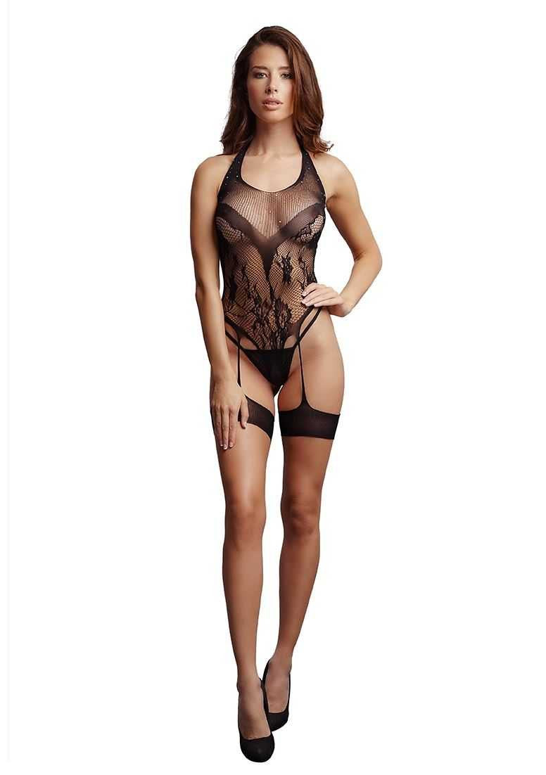 Crotchless Rhinestone Halter Teddy One Size
