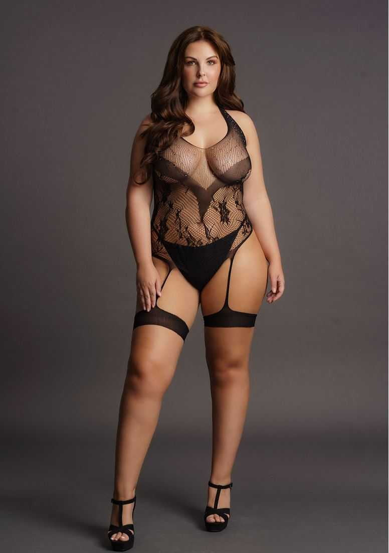 Crotchless Rhinestone Halter Teddy Plus Size le desir