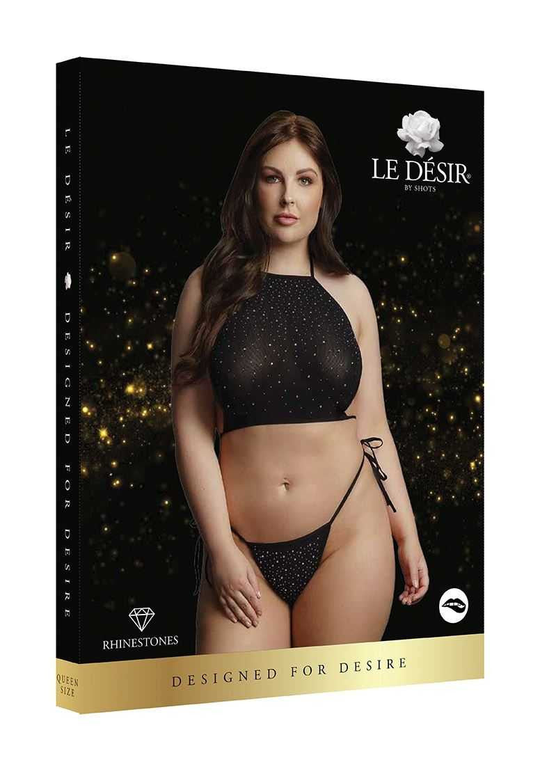 Festive Rhinestone Top and Thong Black Plus Size le desir