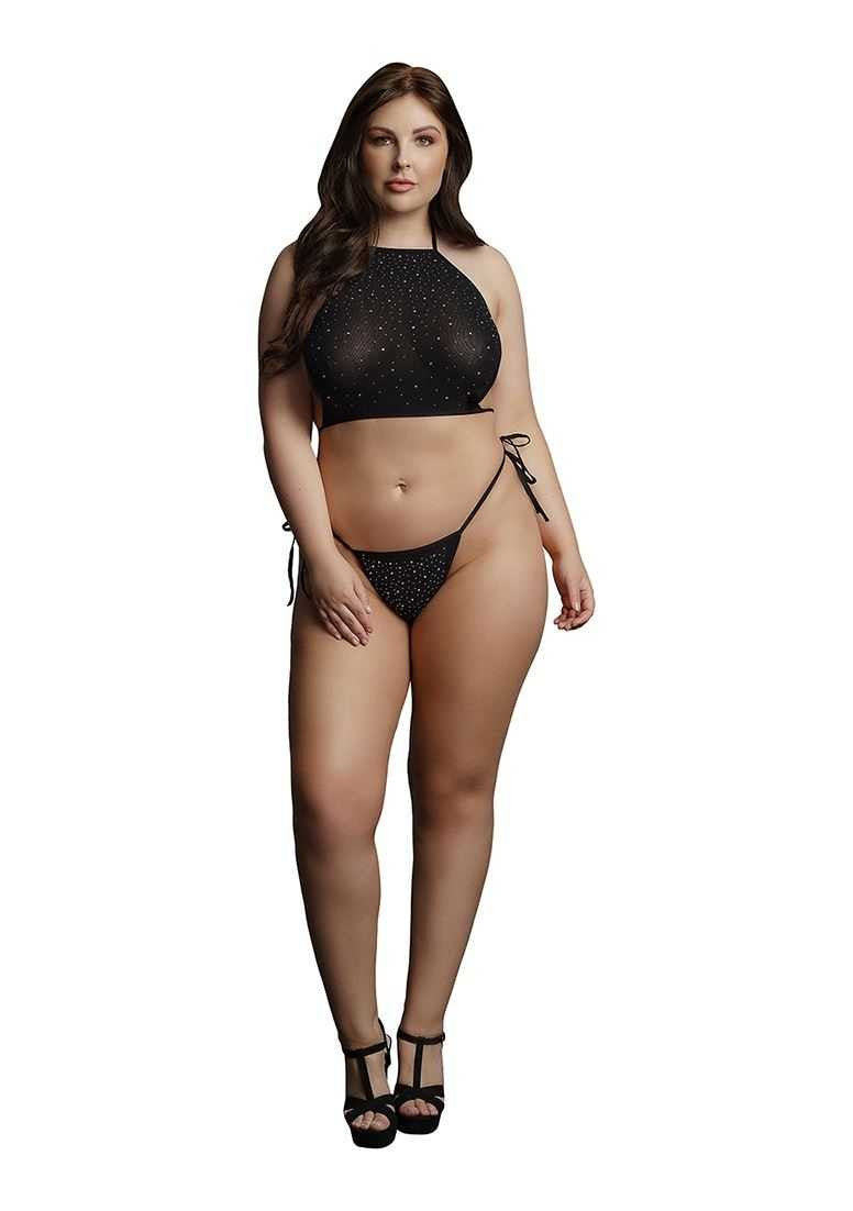 Festive Rhinestone Top and Thong Black Plus Size le desir