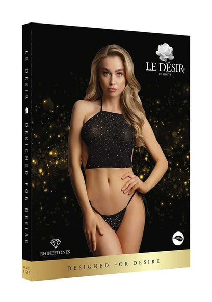Festive Rhinestone Top and Thong One Size Black le desir