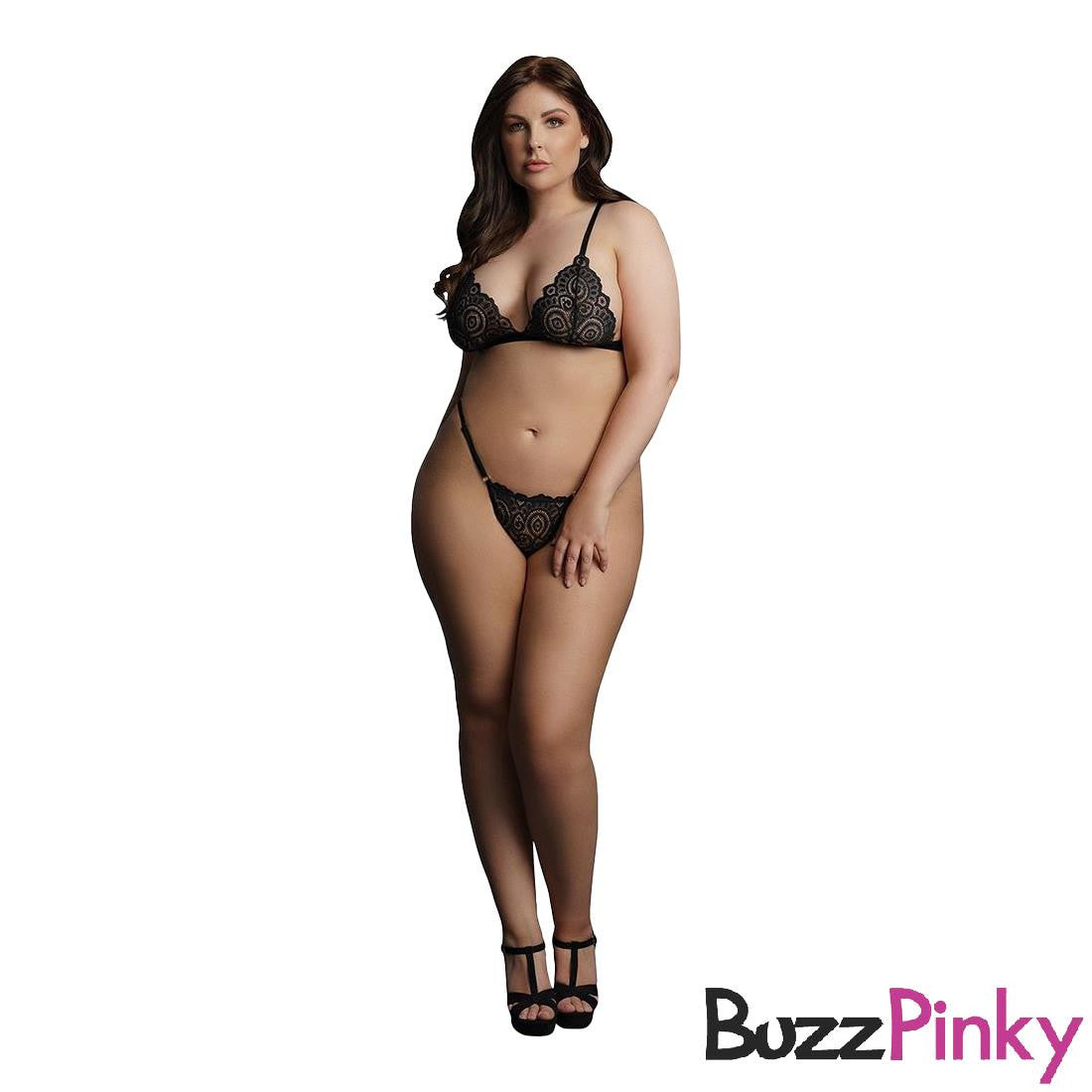 Festive Rhinestone Top and Thong Plus Size Black le desir