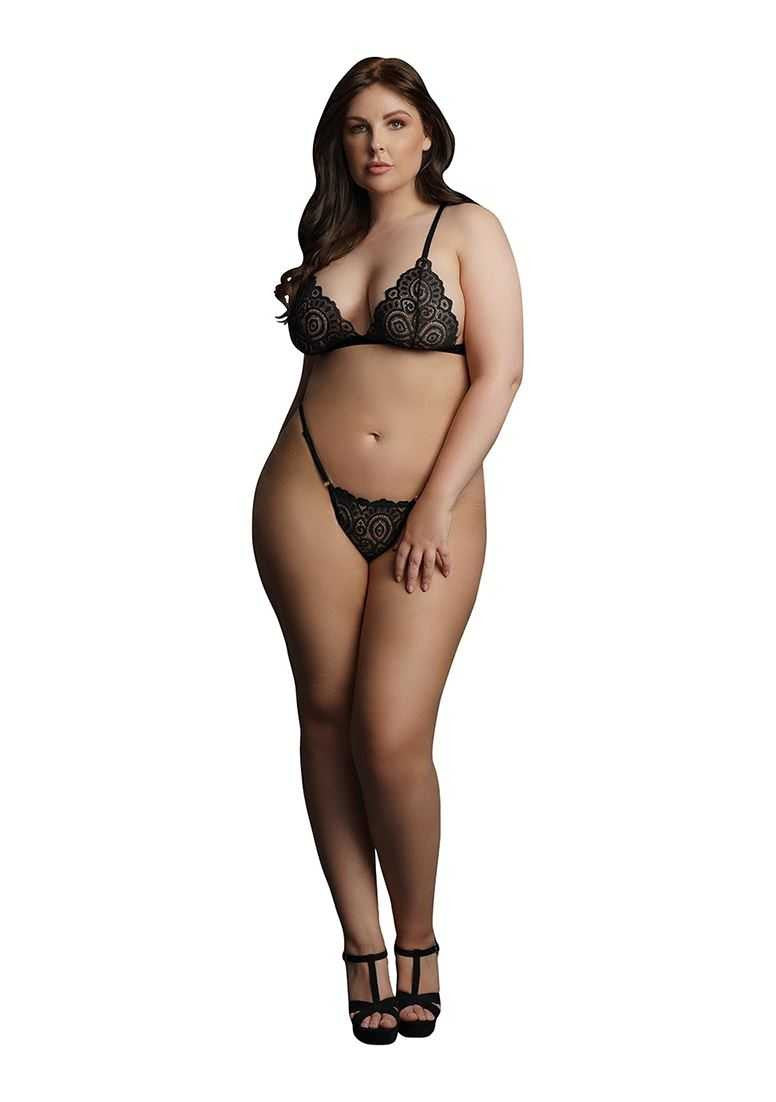 Festive Rhinestone Top and Thong Plus Size Black le desir