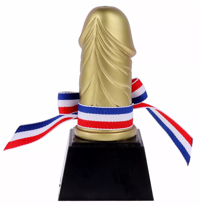 Hen Party Champion Trophy - Funny Golden Bronze & Black Willy Award with Satin Ribbon NA