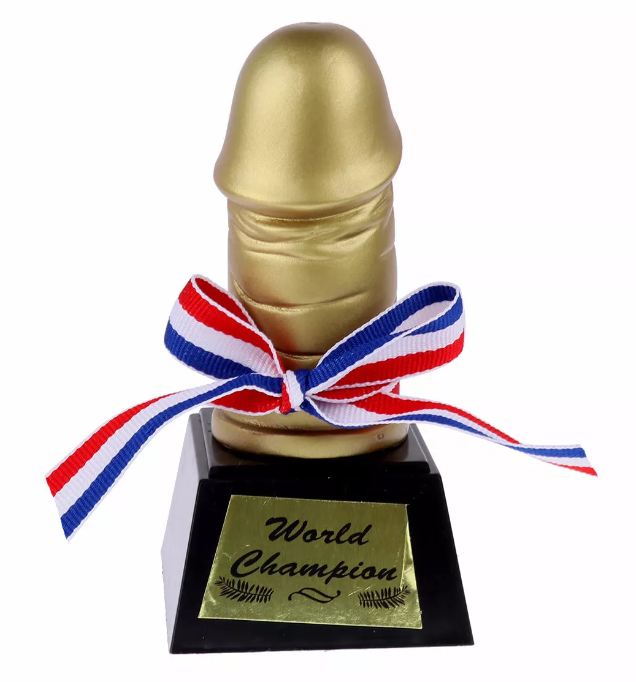 Hen Party Champion Trophy - Funny Golden Bronze & Black Willy Award with Satin Ribbon NA