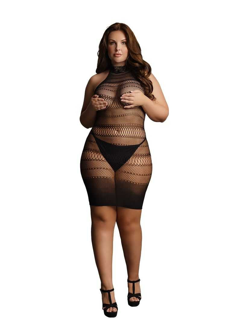 High Lace Neck Net Mini Dress Plus Size le desir