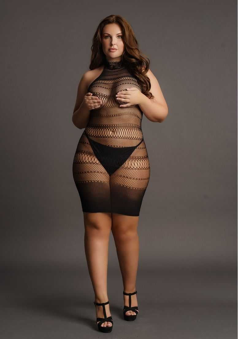 High Lace Neck Net Mini Dress Plus Size le desir