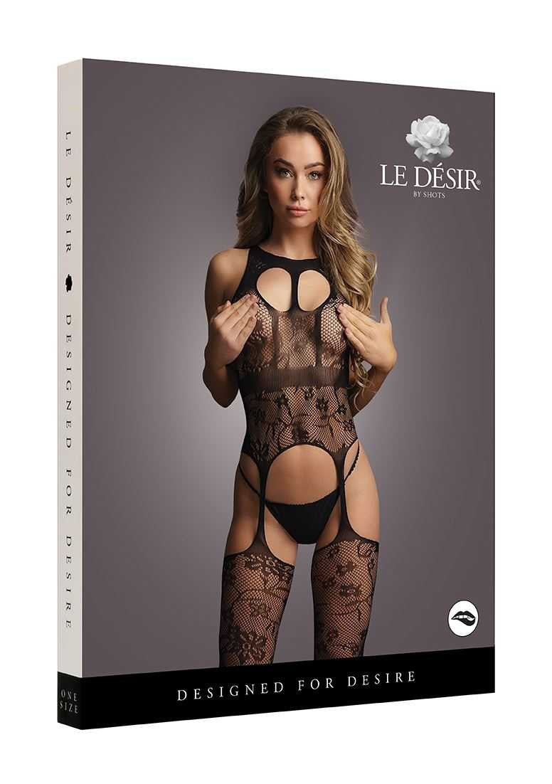 Lace Suspender Bodystocking with Round Neck One Size le desir