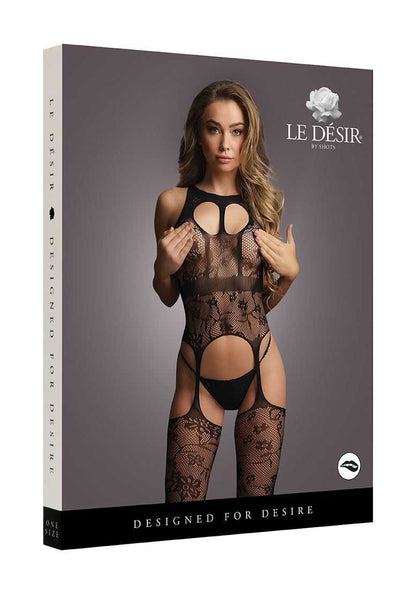 Lace Suspender Bodystocking with Round Neck One Size le desir