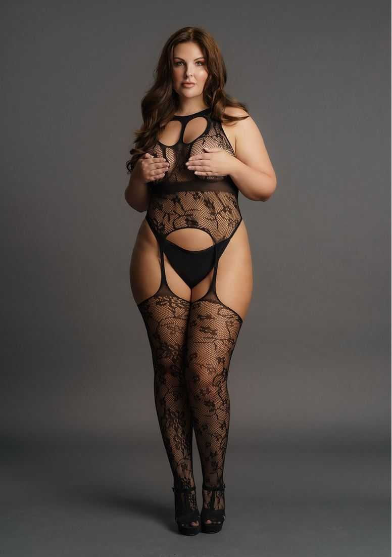 Lace Suspender Bodystocking with Round Neck Plus Size le desir