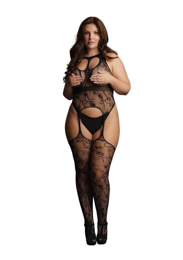 Lace Suspender Bodystocking with Round Neck Plus Size le desir