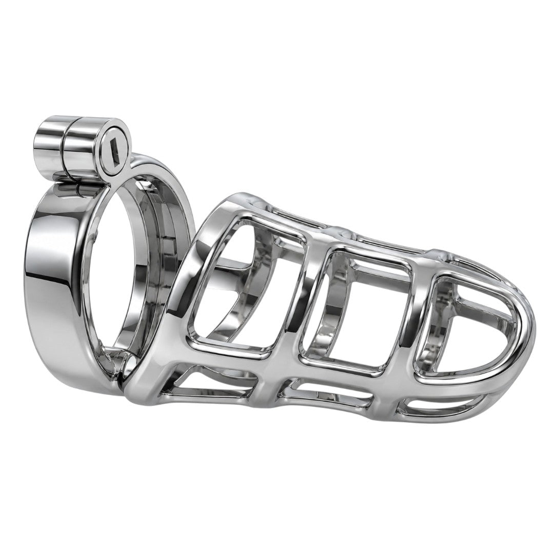 Polished silver metal locking cage with open-frame design and integrated lock on white background