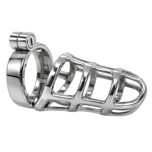 Polished silver metal locking cage with open-frame design and integrated lock on white background