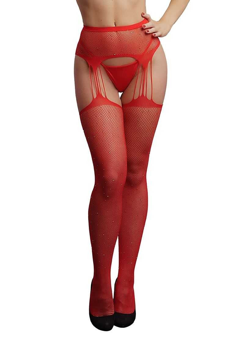 Suspender Rhinestone Pantyhose One Size Red le desir