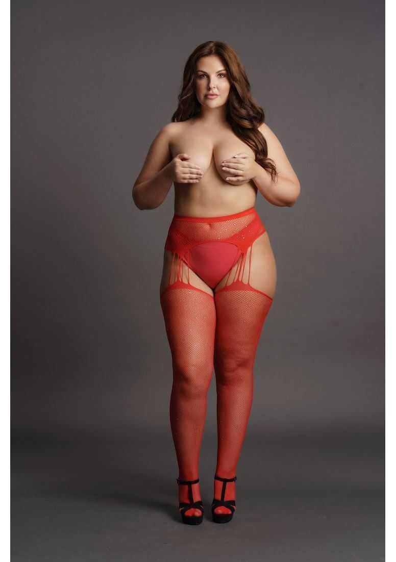 Suspender Rhinestone Pantyhose Plus Size Red le desir