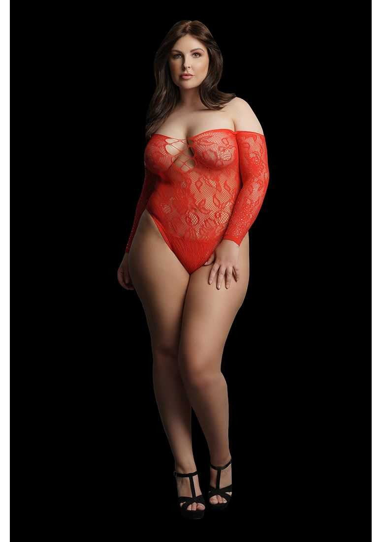 Wonder Rhinestone Bodysuit Red Plus Size le desir
